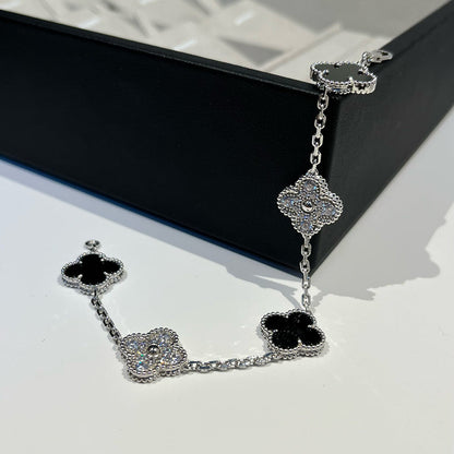 [Regal Jewels]CLOVER 5 MOTIF ONYXS DIAMOND BRACELET SILVER