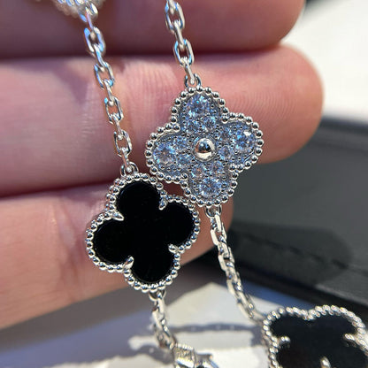 [Regal Jewels]CLOVER 5 MOTIF ONYXS DIAMOND BRACELET SILVER
