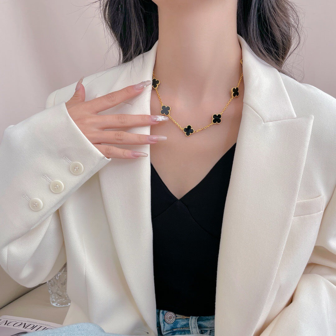 [Regal Jewels]CLOVER 10 MOTIFS ONYX NECKLACE