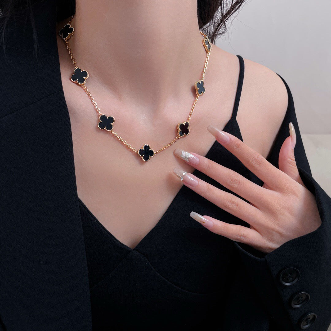 [Regal Jewels]CLOVER 10 MOTIFS ONYX NECKLACE