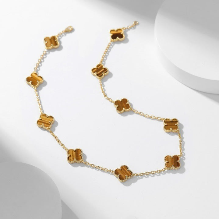 [Regal Jewels]CLOVER 10 MOTIFS TIGER EYE NECKLACE