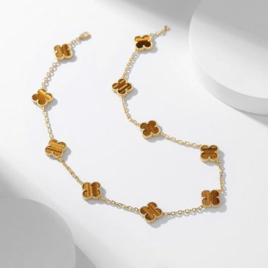 [Regal Jewels]CLOVER 10 MOTIFS TIGER EYE NECKLACE