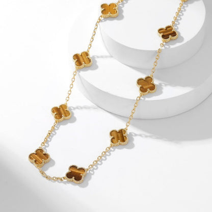 [Regal Jewels]CLOVER 10 MOTIFS TIGER EYE NECKLACE