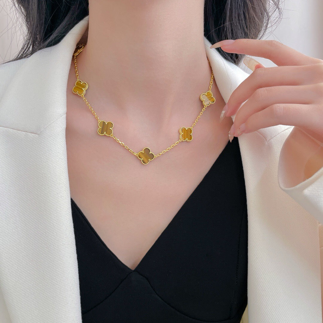 [Regal Jewels]CLOVER 10 MOTIFS TIGER EYE NECKLACE
