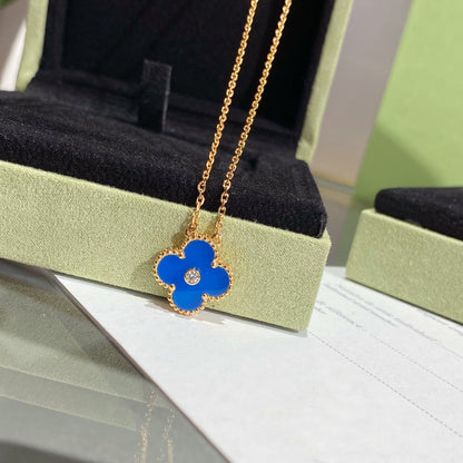 [Regal Jewels]CLOVER 15MM DIAMOND AND BLUE AGATE NECKLACE