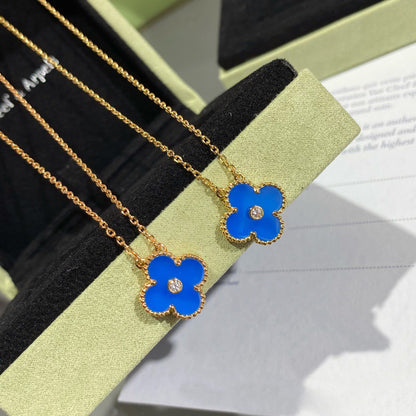 [Regal Jewels]CLOVER 15MM DIAMOND AND BLUE AGATE NECKLACE