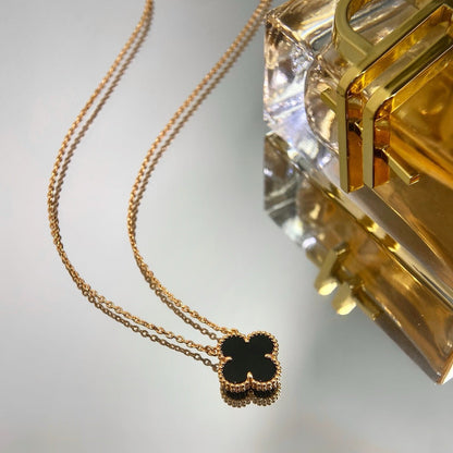 [Regal Jewels]CLOVER 15MM BLACK ONYX SINGLE FLOWER NECKLACE