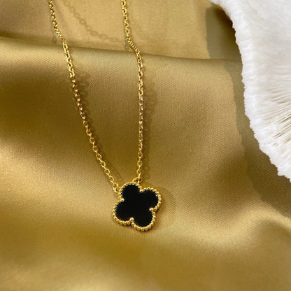 [Regal Jewels]CLOVER 15MM BLACK ONYX SINGLE FLOWER NECKLACE