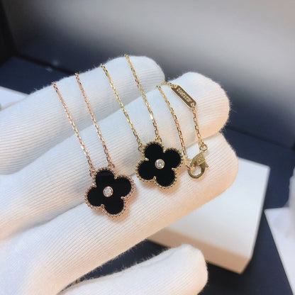 [Regal Jewels]CLOVER 15MM DIAMOND ONYX NECKLACE