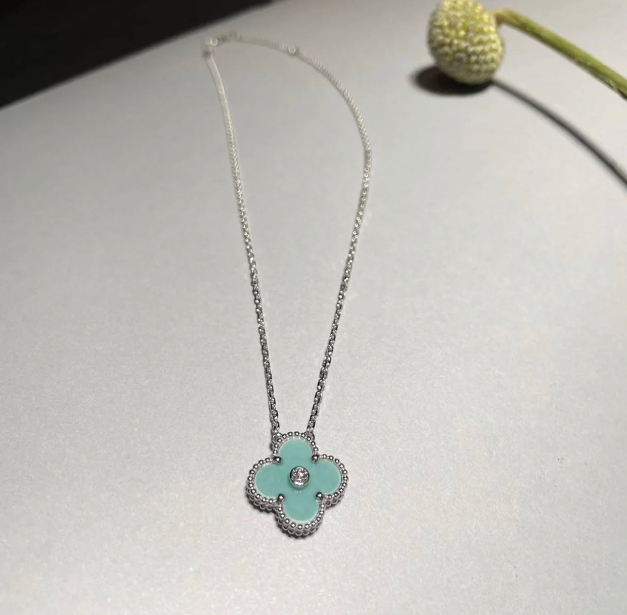 [Regal Jewels]CLOVER 1 DIAMOND LIGHT BLUE SILVER NECKLACE