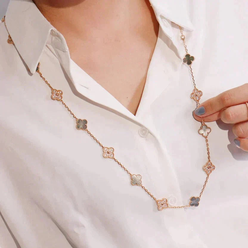 [Regal Jewels]CLOVER 20 MOTIFS DARK MOP DIAMOND  NECKLACE