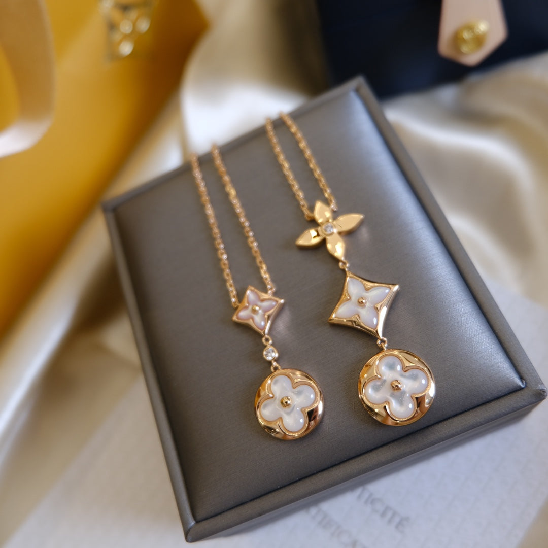 [Regal Jewels]COLOR BLOSSOM LARIAT NECKLACE PINK GOLD WHITE MOTHER PEARL AND DIAMOND