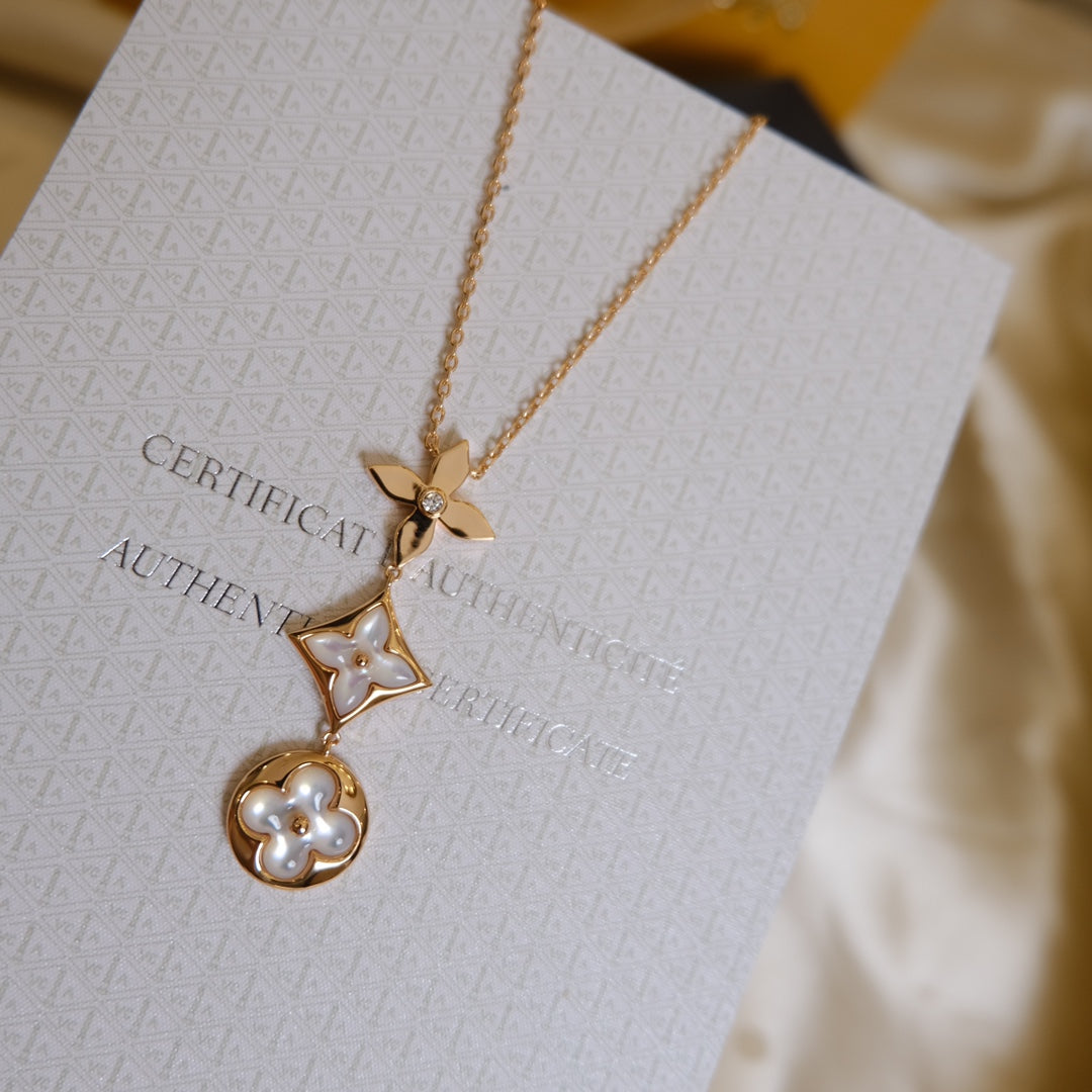 [Regal Jewels]COLOR BLOSSOM LARIAT NECKLACE PINK GOLD WHITE MOTHER PEARL AND DIAMOND