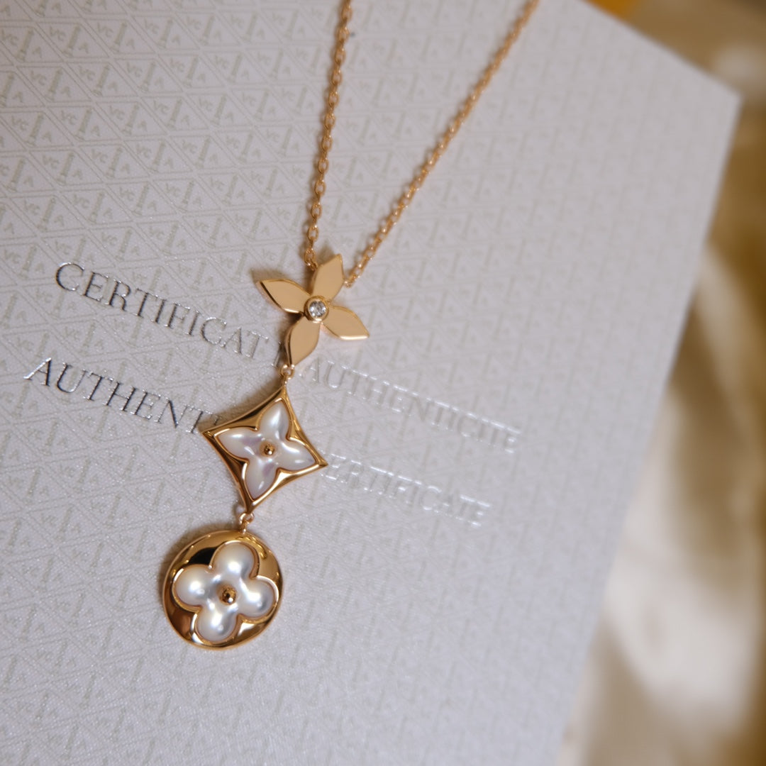 [Regal Jewels]COLOR BLOSSOM LARIAT NECKLACE PINK GOLD WHITE MOTHER PEARL AND DIAMOND