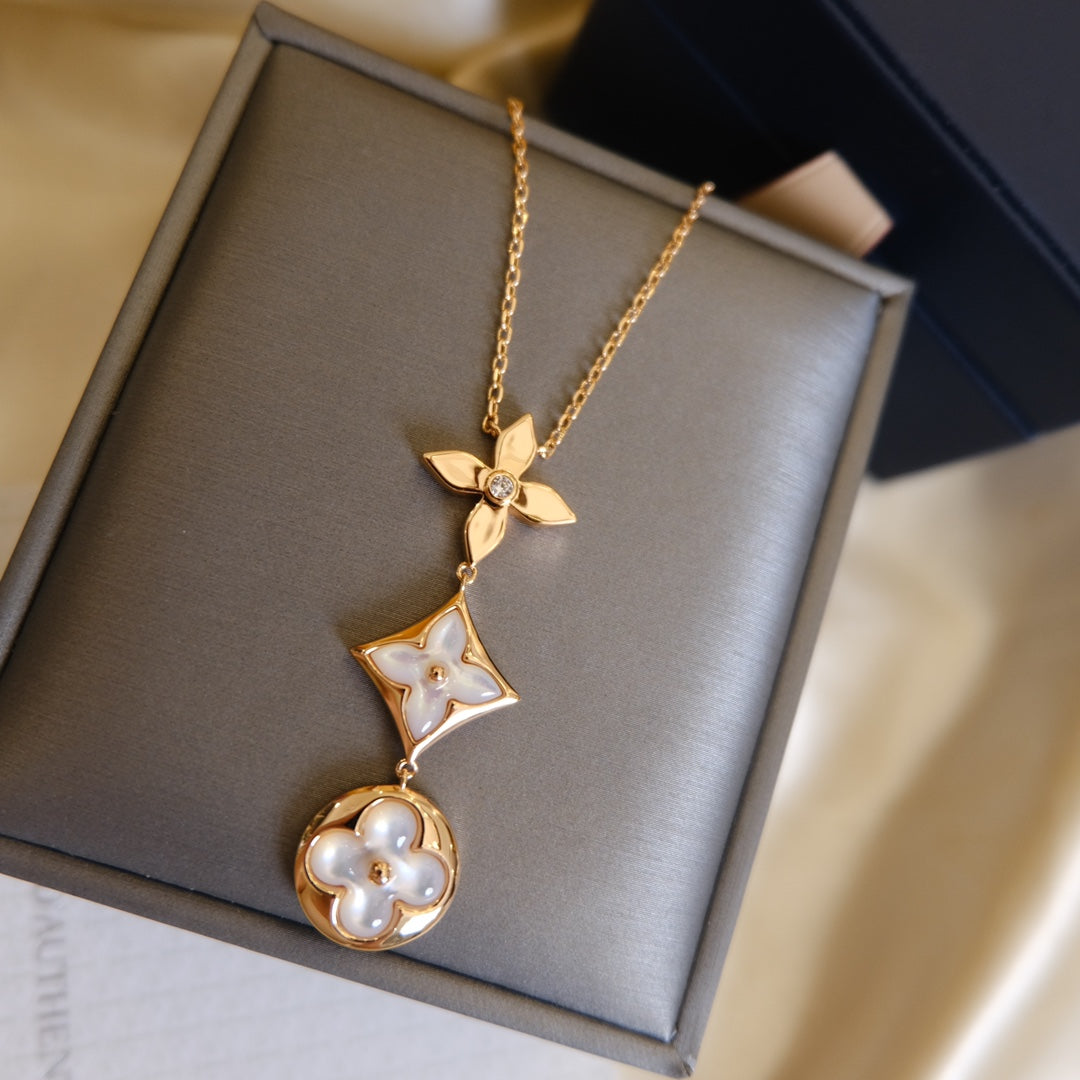 [Regal Jewels]COLOR BLOSSOM LARIAT NECKLACE PINK GOLD WHITE MOTHER PEARL AND DIAMOND