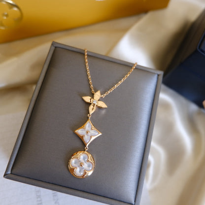 [Regal Jewels]COLOR BLOSSOM LARIAT NECKLACE PINK GOLD WHITE MOTHER PEARL AND DIAMOND