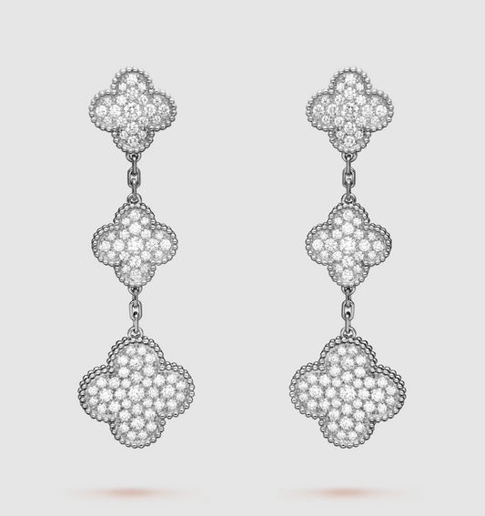 [Regal Jewels]CLOVER 3 MOTIF DIAMOND SILVER DROP EARRINGS