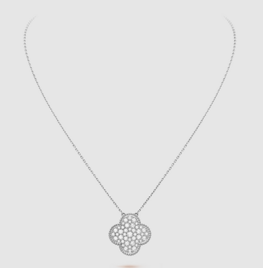 [Regal Jewels]CLOVER 25MM LARGE PENDANT DIAMOND PAVED SILVER NECKLACE