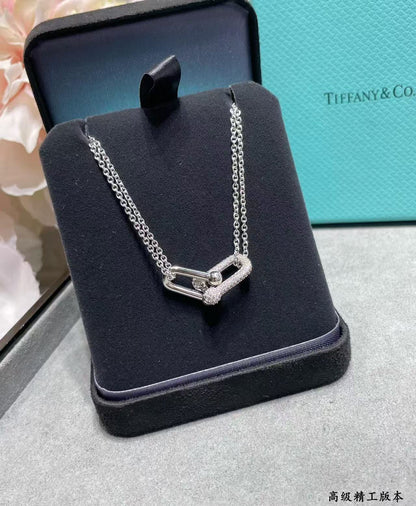 [Regal Jewels]T House Diamond-Set Double Chain Link Pendant Necklace
