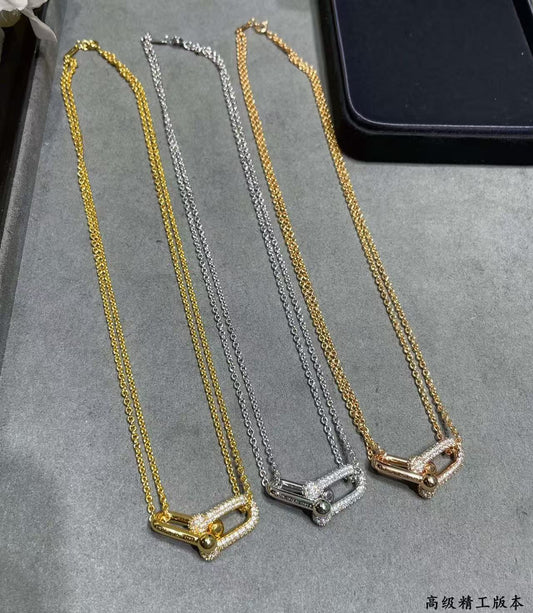 [Regal Jewels]T House Diamond-Set Double Chain Link Pendant Necklace