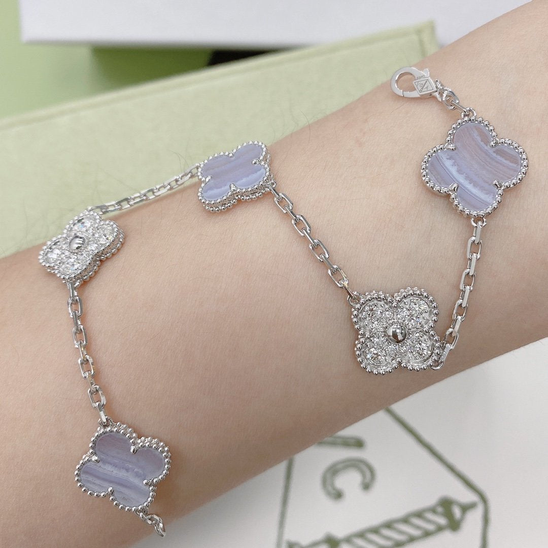 [Regal Jewels]CLOVER  5 MOTIF DIAMOND PURPLE CHALCEDONY BRACELET SILVER