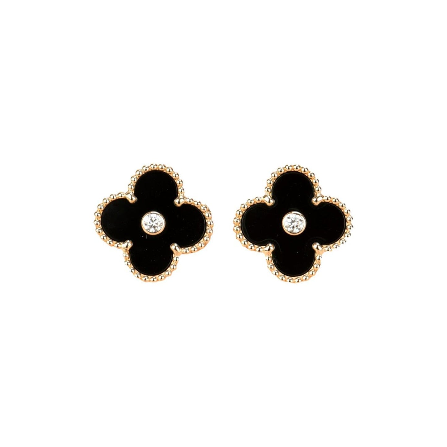 [Regal Jewels]CLOVER MEDIUM 1 MOTIFS ONYX DIAMOND EARRINGS