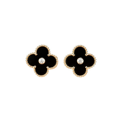 [Regal Jewels]CLOVER MEDIUM 1 MOTIFS ONYX DIAMOND EARRINGS