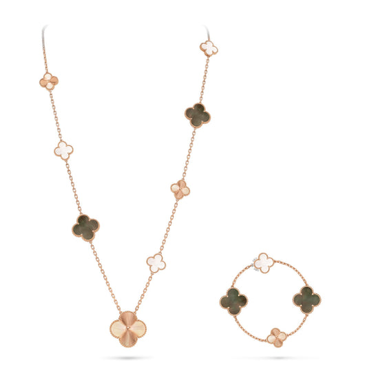 [Regal Jewels]DETACHABLE CLOVER 15(11+4) FLOWER ROSE GOLD NECKLACE SET