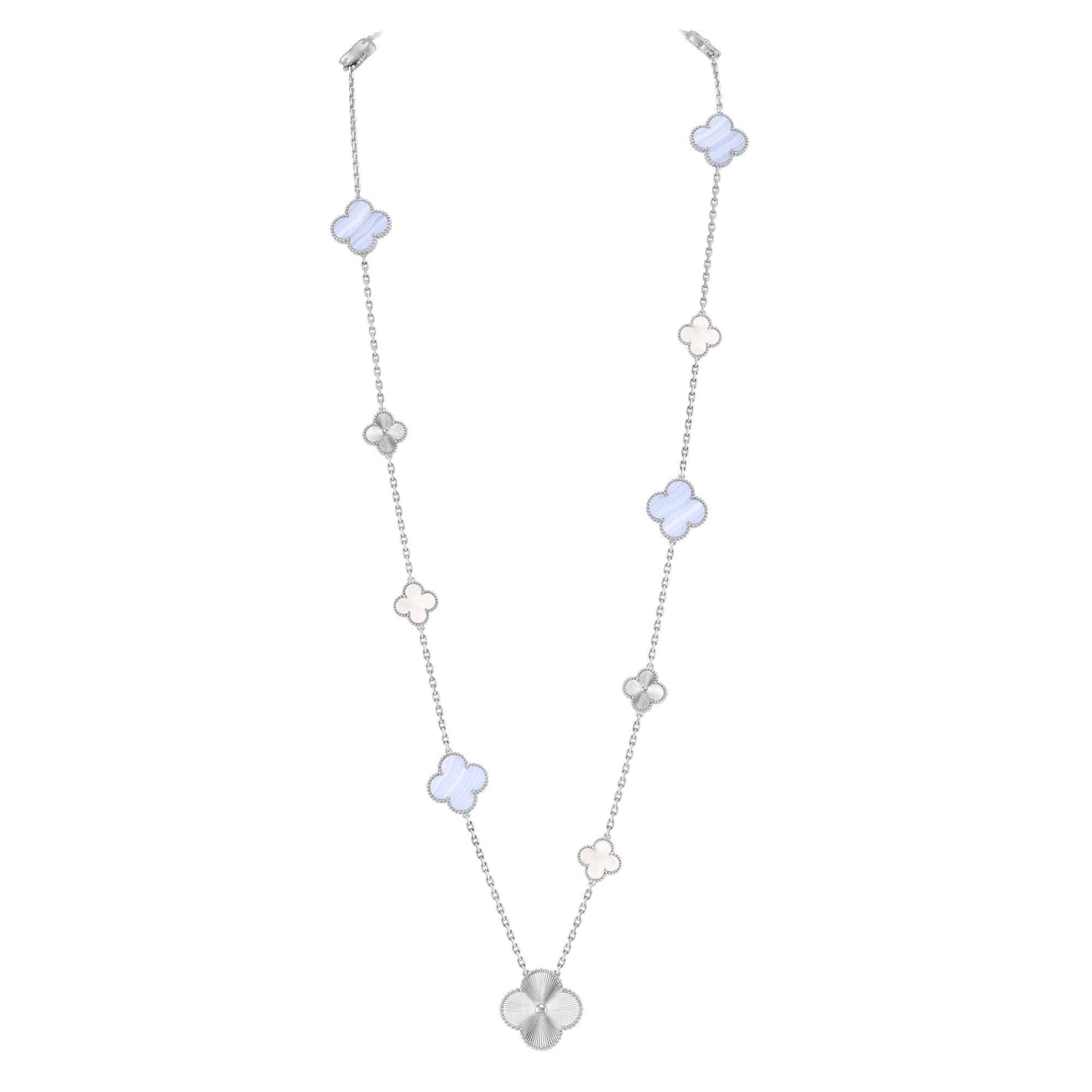 [Regal Jewels]DETACHABLE CLOVER 15(11+4) FLOWER SILVER NECKLACE SET