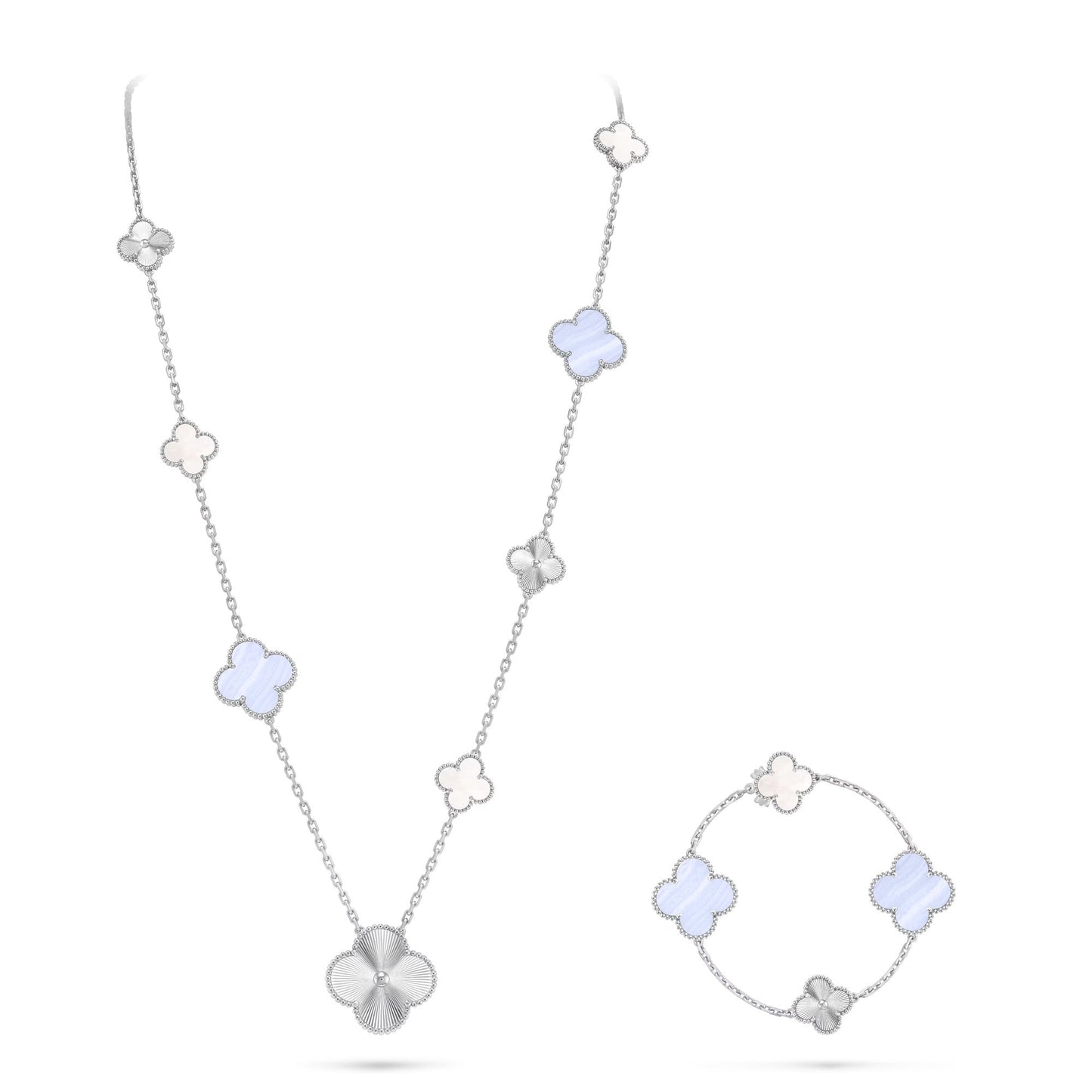 [Regal Jewels]DETACHABLE CLOVER 15(11+4) FLOWER SILVER NECKLACE SET