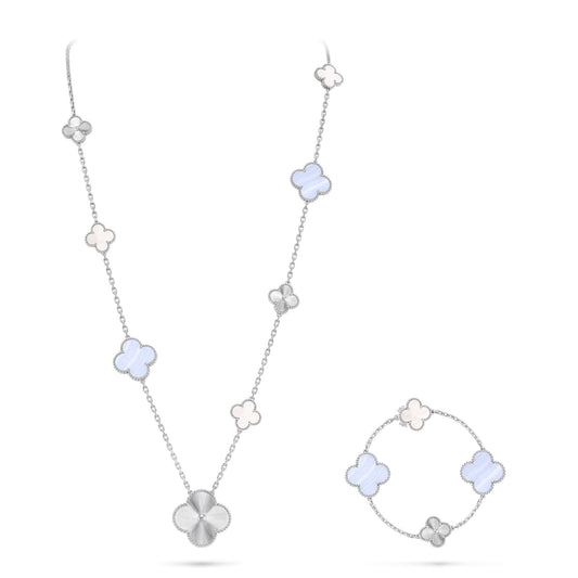 [Regal Jewels]DETACHABLE CLOVER 15(11+4) FLOWER SILVER NECKLACE SET