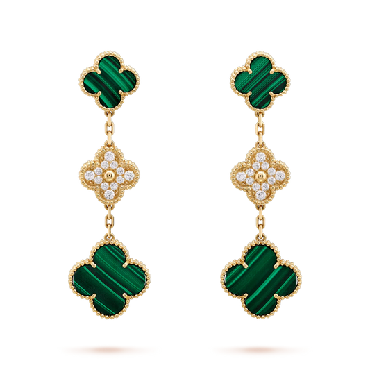 [Regal Jewels]CLOVER EARRINGS GOLD MALACHITE DIAMOND 3 MOTIF