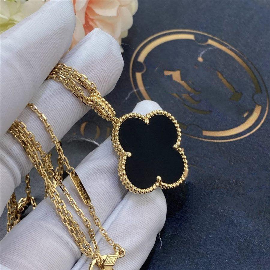 [Regal Jewels]CLOVER 25MM GOLD ONYX BIG CLOVER NECKLACE