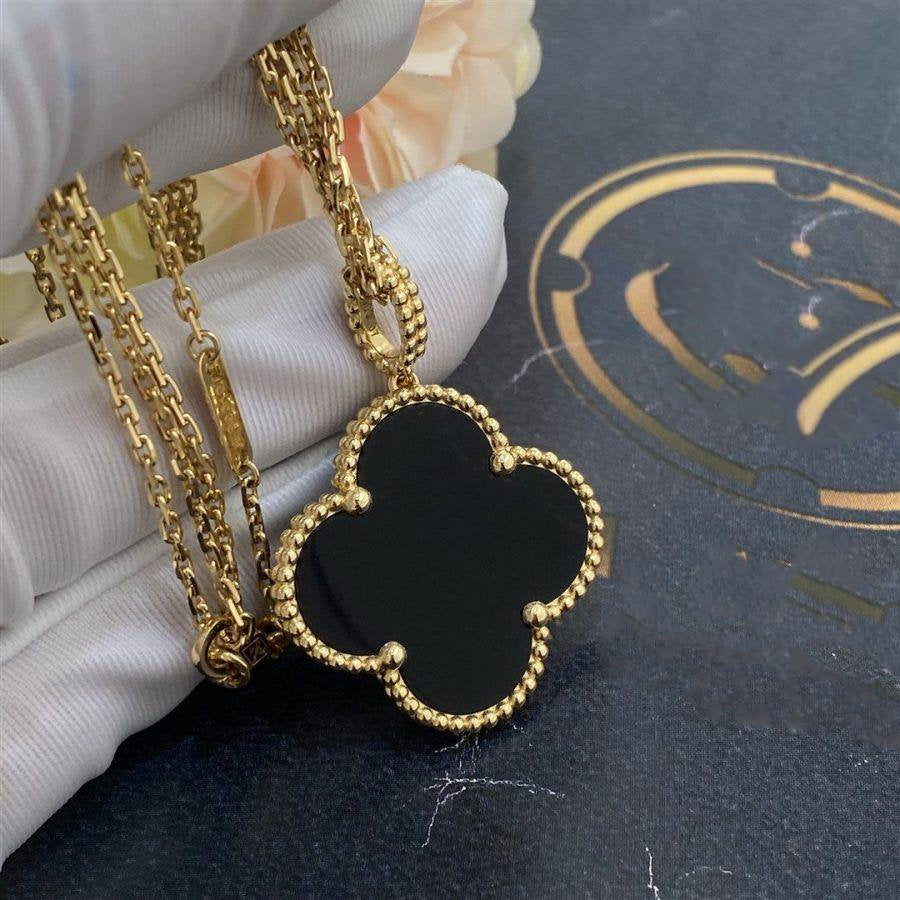 [Regal Jewels]CLOVER 25MM GOLD ONYX BIG CLOVER NECKLACE