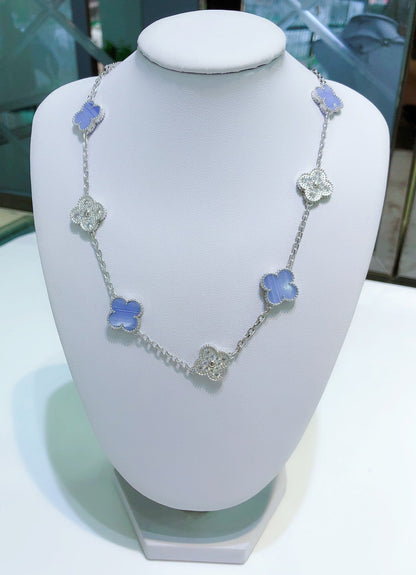 [Regal Jewels]CLOVER 10 MOTIFS CHALCEDONY DIAMONDS SILVER NECKLACE