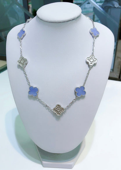 [Regal Jewels]CLOVER 10 MOTIFS CHALCEDONY DIAMONDS SILVER NECKLACE