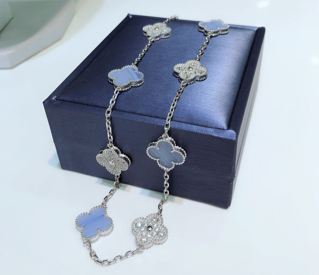 [Regal Jewels]CLOVER 10 MOTIFS CHALCEDONY DIAMONDS SILVER NECKLACE