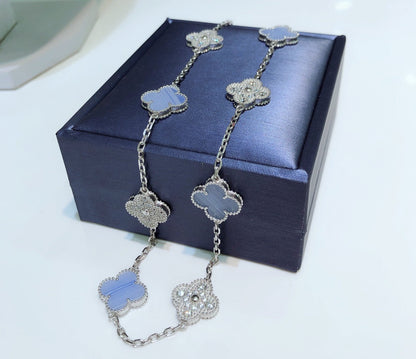 [Regal Jewels]CLOVER 10 MOTIFS CHALCEDONY DIAMONDS SILVER NECKLACE