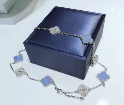 [Regal Jewels]CLOVER 10 MOTIFS CHALCEDONY DIAMONDS SILVER NECKLACE