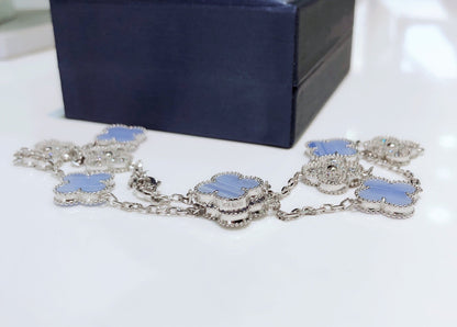 [Regal Jewels]CLOVER 10 MOTIFS CHALCEDONY DIAMONDS SILVER NECKLACE