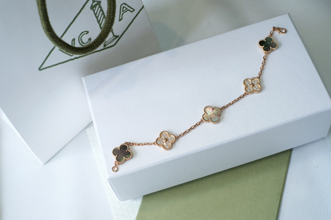 [Regal Jewels]CLOVER 5 MOTIFS DARK MOP AND DIAMONDS PINK GOLD BRACELET