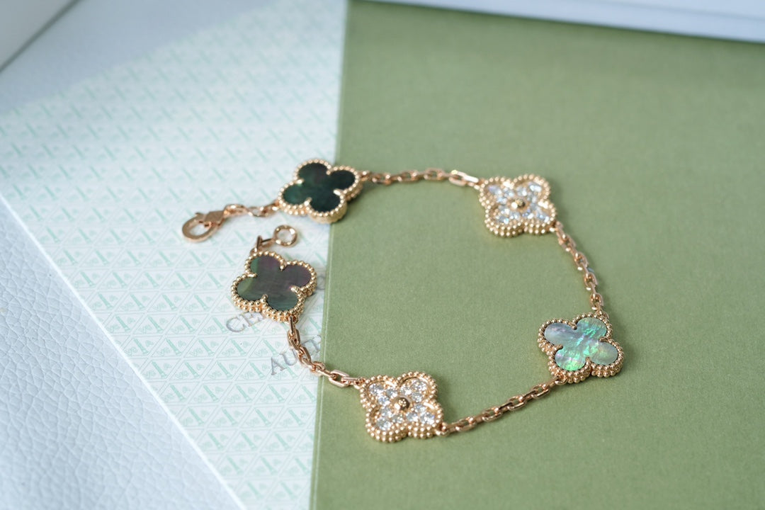 [Regal Jewels]CLOVER 5 MOTIFS DARK MOP AND DIAMONDS PINK GOLD BRACELET