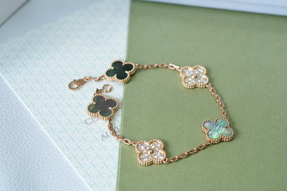 [Regal Jewels]CLOVER 5 MOTIFS DARK MOP AND DIAMONDS PINK GOLD BRACELET