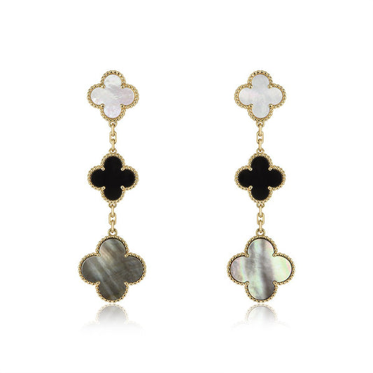 [Regal Jewels]CLOVER EARRINGS GOLD ONYX MOP 3 MOTIF